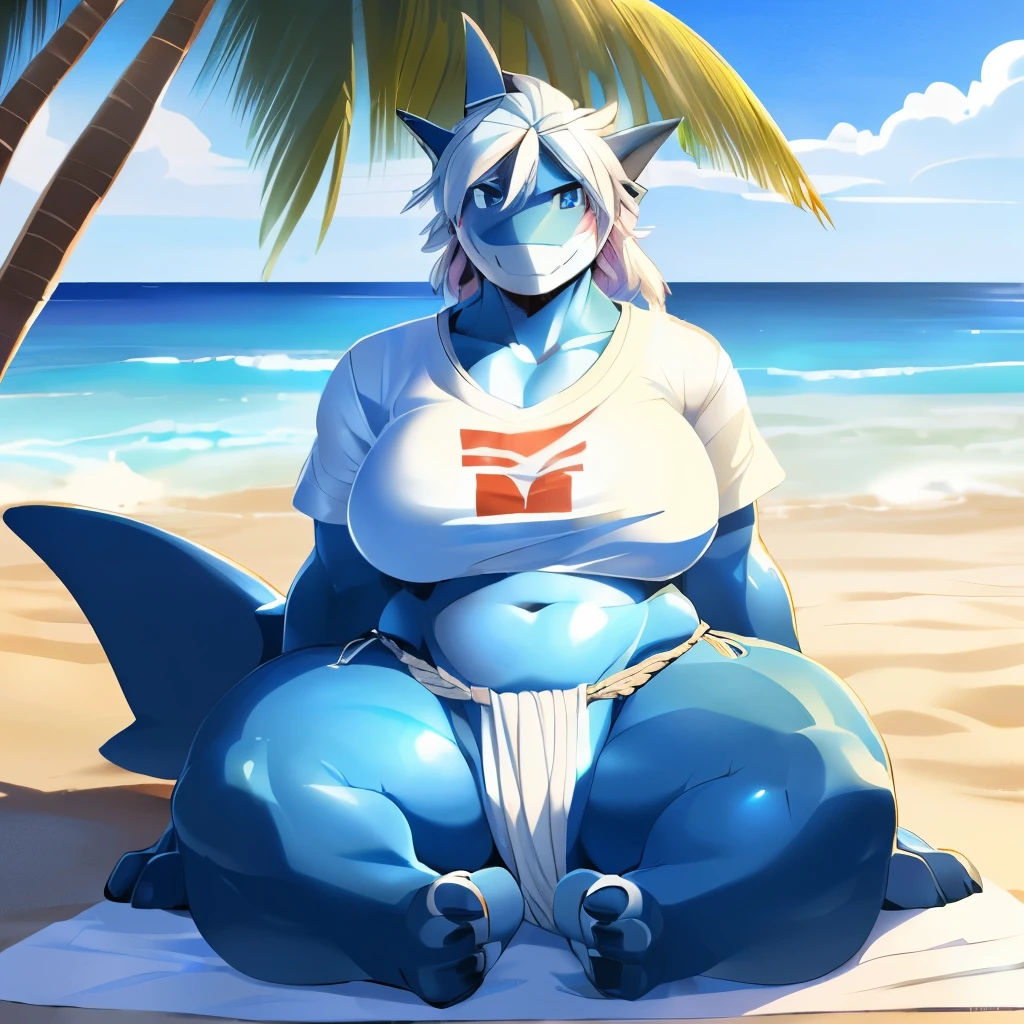 hi res,(((shark, finless shark))), (((not furry))), anthro, ((((((hair(head))))))), aqua blue eyes, ((((((( rokushaku fundoshi, ))))))), (((( female, anthro, female, Overweight)))), female, anthro, female, slim, Skinny, tail, adults, mature, (((SFW))), ((((((((solo)))))))), (((((((((((((female))))))))))))), ((((((sitting on the beach with legs open)))))), arms behind back, outside, plant, light blue body, sea, tree, (water), detailed background,by milkytiger1145,by takemoto arashi,by null-ghost, cold atmosphere, open smile,   blushing, single fin, ((((((((wearing white tshirts, clop tshirts)))))))), ((((((juicy thighs,  thighs, thick thighs, thick calves, wide hips, wide pelvis, curvy figure, volu\ptu\ous figure, both feet are close together., \hourglass \figure,, female body)))))), front view