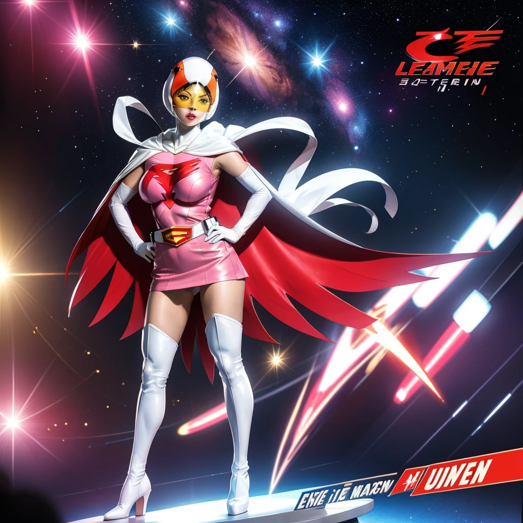 ANI_CLASSIC_jun_gatchaman_ownwaifu,1girl, 15 years old,good anatomy, masterpiece, best quality,realistic, hyper realistic, 16k hdr, long hair,breasts,lips,large breasts,lipstick,makeup,gloves,cape,helmet,belt,elbow gloves,white gloves,mask,ultra miniskirt,leotard,spacesuit,white tight overknee highheels boots,pink dress,superhero,bodysuit,cleavage,erected nipples,(stand pose,hands on hip),(spread legs:1.1),cameltoe