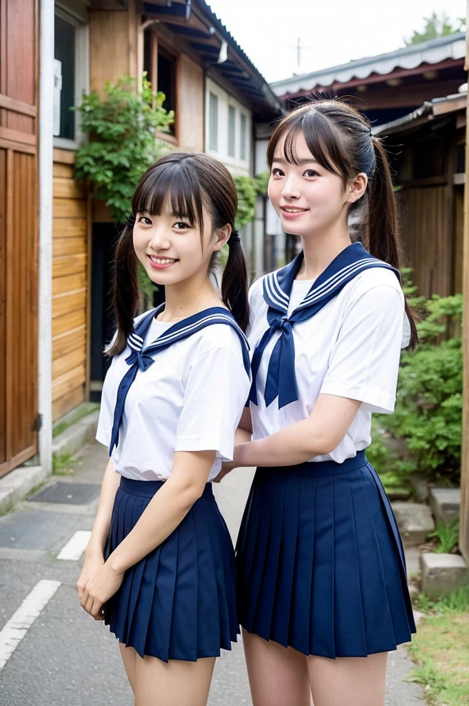 2 girls in old-Japanese town on school trips,white sailor shirt,navy blue pleated skirt,18-year-old,bangs,a little smile,thighs,knees,short hair with low pigtails bunches,from below,front light