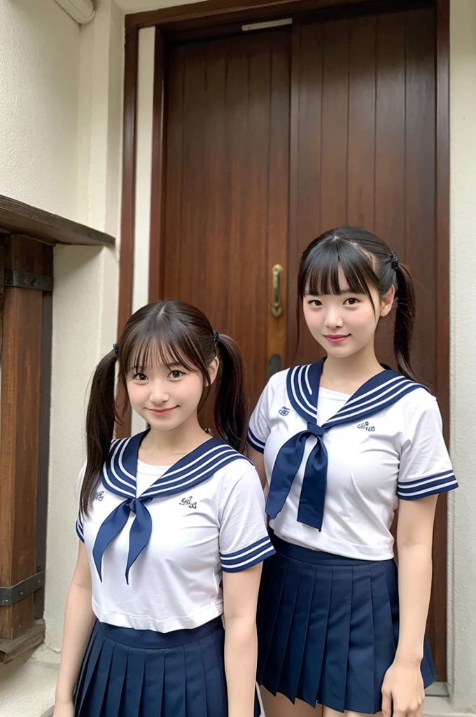 2 girls in old-Japanese town on school trips,white sailor shirt,navy blue pleated skirt,18-year-old,bangs,a little smile,thighs,knees,short hair with low pigtails bunches,from below,front light