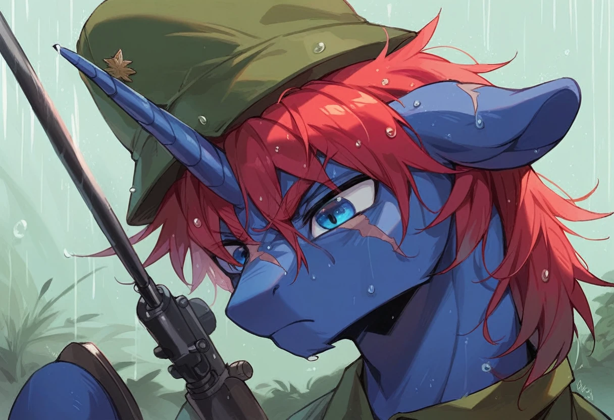 Male alicorn pony, black fur, long red hair, deep blue eyes, red feathers on wings, scar over left eye, red striping, holding machine gun, vietnam-era army uniform, boonie hat, in a swamp, raining, wet hair, frown, close-up portrait