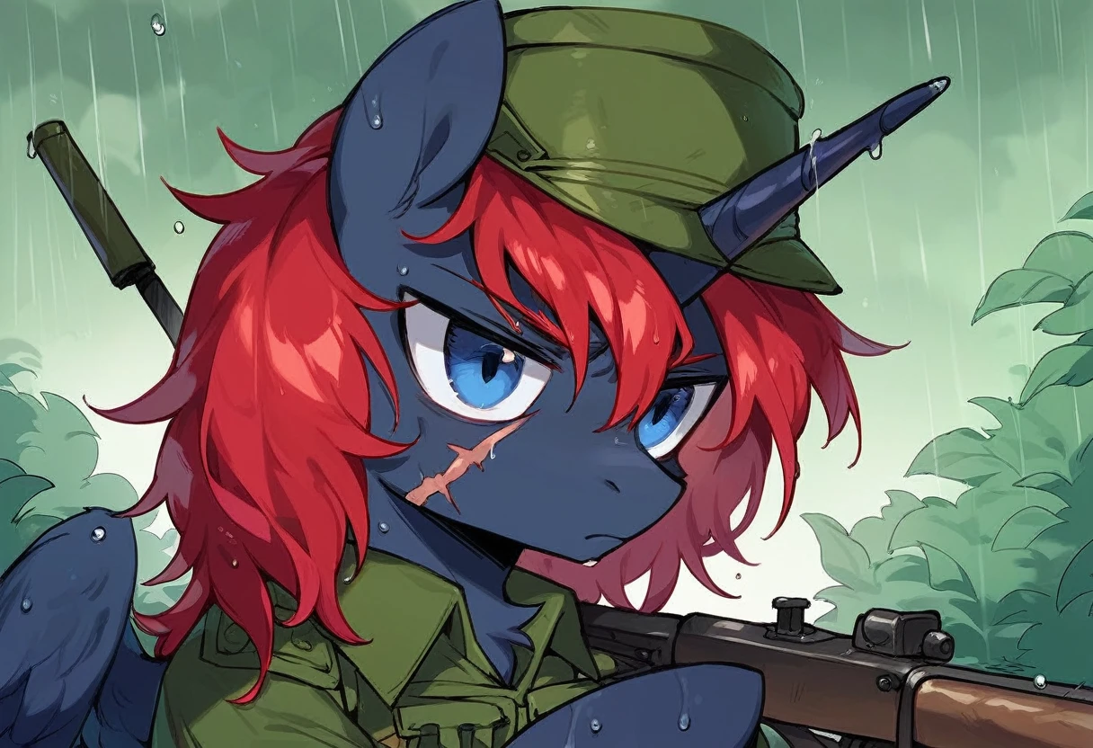 Male alicorn pony, black fur, long red hair, deep blue eyes, red feathers on wings, scar over left eye, red striping, holding machine gun, vietnam-era army uniform, boonie hat, in a swamp, raining, wet hair, frown, close-up portrait