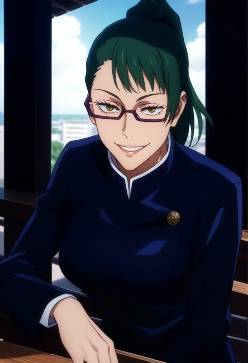 score_9, score_8_up, score_7_up, score_6_up, h1m3n0, 1girl, , mature female,  Maki Zenin , green ponytail hair, glasses, yellow eyes, jujutsu uniform, naughty smile, balcony, seductive pose