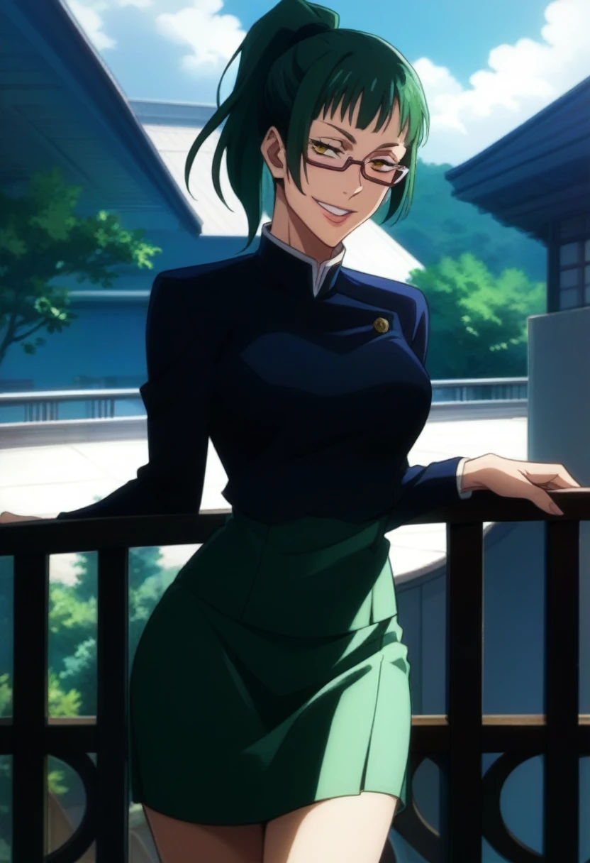 score_9, score_8_up, score_7_up, score_6_up, h1m3n0, 1girl, , mature female, Maki Zenin , green ponytail hair, glasses, yellow eyes, jujutsu uniform, naughty smile, balcony, seductive pose
