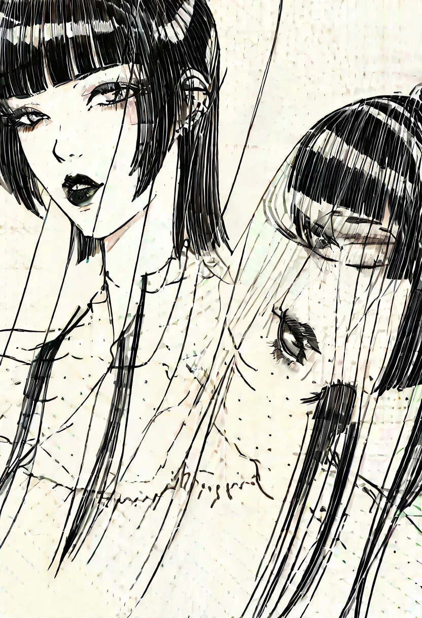 score_9, score_8_up, score_7_up, score_6_up,sp1t, sketch, detailed hatching, monochrome, pale, smooth skin,, long straight black hair, blunt bangs, full lips, slender physique, goth fashion, black lips, scowl, centered