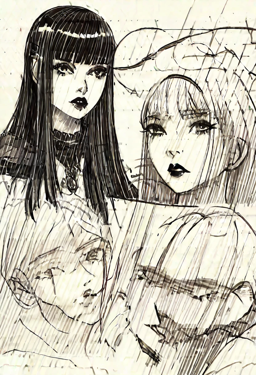 score_9, score_8_up, score_7_up, score_6_up,sp1t, sketch, detailed hatching, monochrome, pale, smooth skin,, long straight black hair, blunt bangs, full lips, slender physique, goth fashion, black lips, scowl, centered
