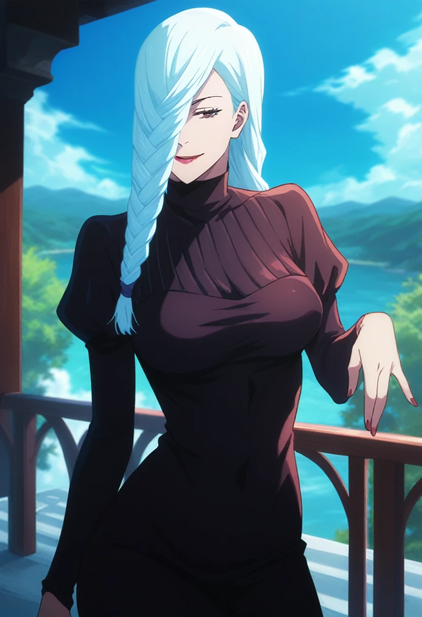 score_9, score_8_up, score_7_up, score_6_up, h1m3n0, 1girl, , mature female,  Mei Mei , white braided hair, hair over one eye, black tight dress, seductive smile, balcony, seductive pose