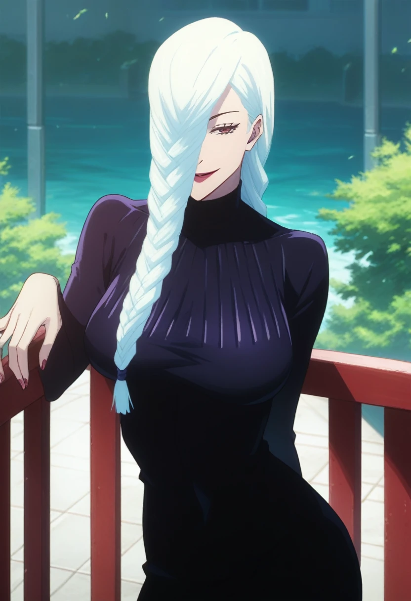 score_9, score_8_up, score_7_up, score_6_up, h1m3n0, 1girl, , mature female,  Mei Mei , white braided hair, hair over one eye, black tight dress, seductive smile, balcony, seductive pose