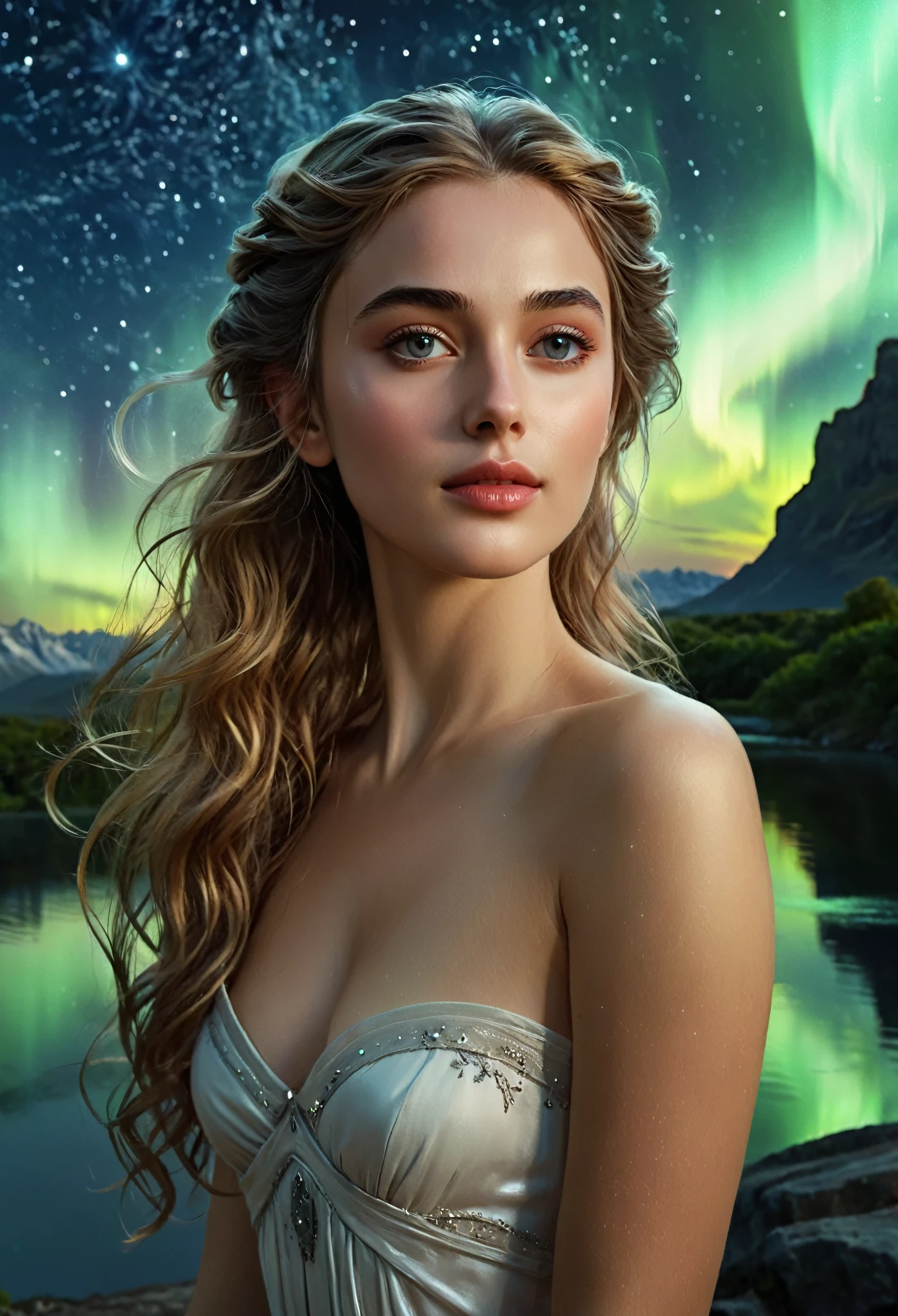 (best quality,4k,8k,highres,masterpiece:1.2), ultra-detailed, (realistic,photorealistic,photo-realistic:1.37),(Numerous award-winning masterpieces, incredibly detailed and textured, maximal resolution and clarity), (Hyper-realistic:1.4)a beautiful girl in the foreground, (She is half French, and is a stunning beauty with detailed eyes and a high nose:1.1), thick eyebrows, detailed facial features, long graceful neck, flowing locks of hair, poised and elegant posture, dreamy atmosphere, Surrealism, mystical aura, Charlie Bowater, 19th-century France, seductive, (detailed landscape of asgard in the background, aurora shining in the sky:1.6), (starry night sky with constellations:1.5), highly detailed, 8k, ultra-detailed, photorealistic, masterpiece, (natural lighting:1.4)