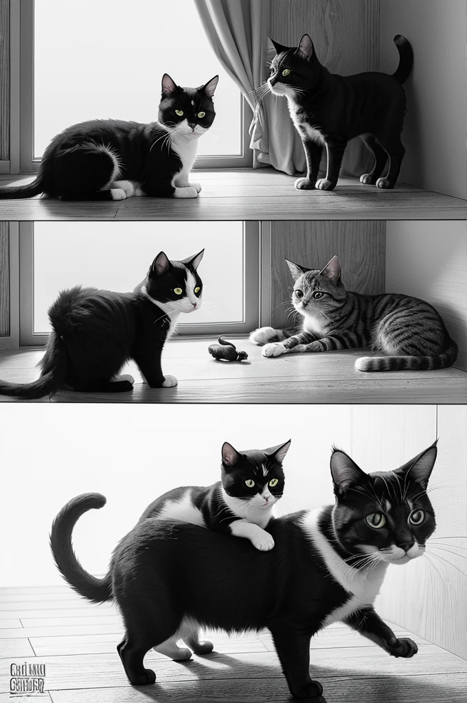 The brothers (cat and dog), finding their owners. (Black and white comic)