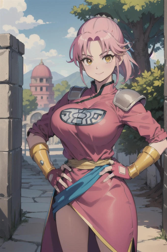 ((masterpiece, best quality:1.1), maam, dragon quest, 1girl,  solo, big breasts, fingerless gloves, pink gloves, fingerless gloves, pink gloves, chinese clothes, red dress, ribbon, long pink hair, yellow eyes, Big Breasts:1.6, parted bang, bun cover, smile, hand on hip, coliseum 