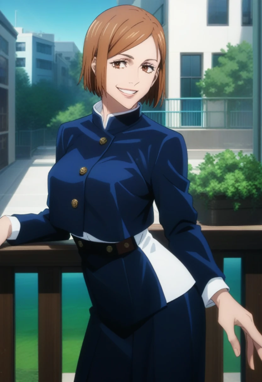 score_9, score_8_up, score_7_up, score_6_up, h1m3n0, 1girl, , mature female, Kugisaki Nobara, brown short hair, brown eyes, jujutsu uniform, seductive smile, balcony, seductive pose