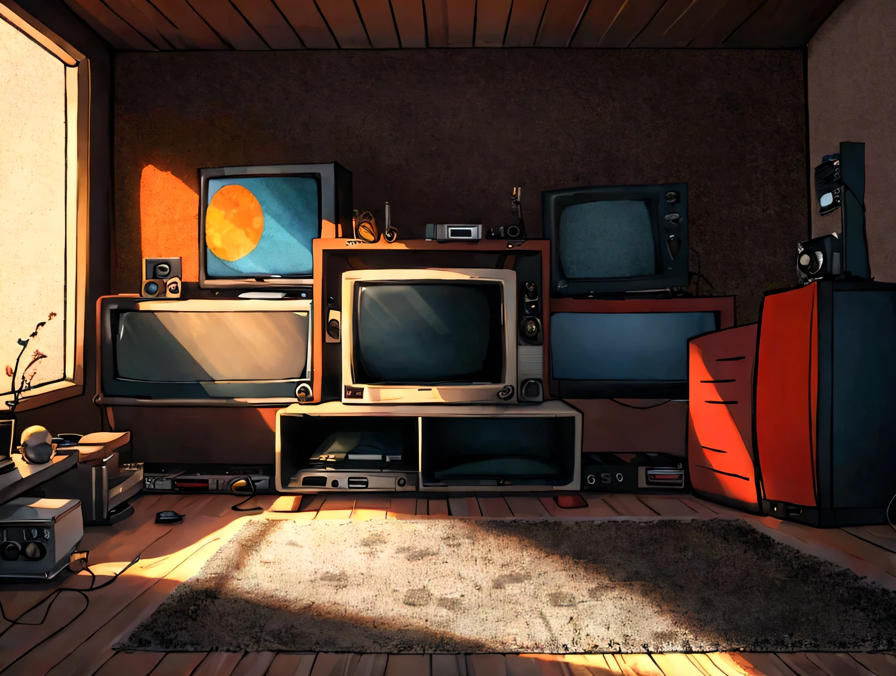 Man with TV head sitting on the carpet in his living room watching a TV. tube tv, shelf with several cassette tapes, a VCR and a DVD player under the television.