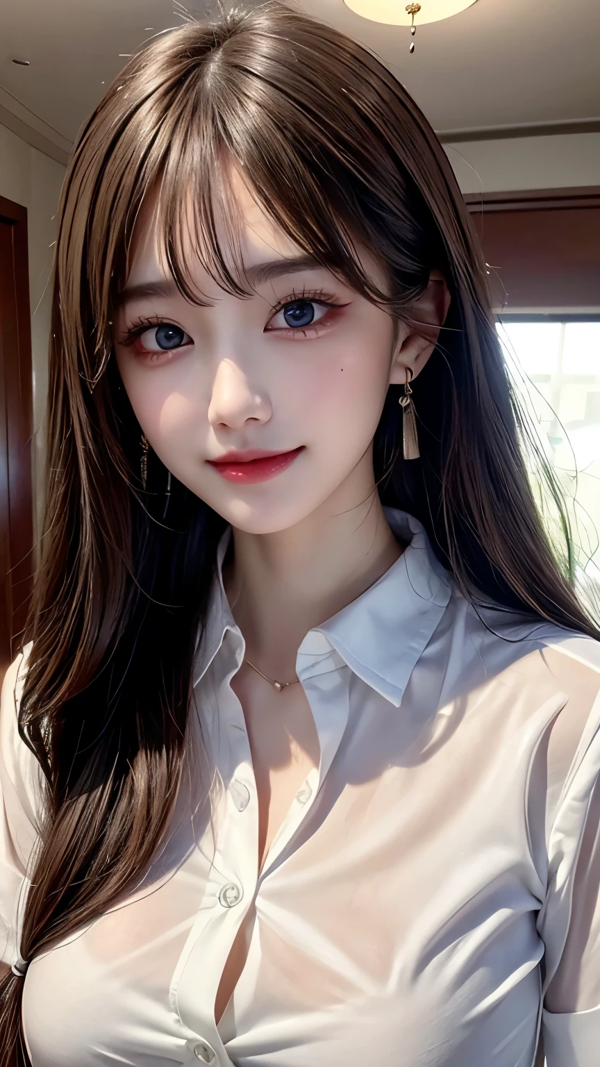 (RAW shooting:1.2)、(Photorealsitic:1.4)、(​masterpiece:1.3)、(top-quality:1.4)、(highest quality、table top、8k、best image quality、Award-winning work)、one high school girl、(High  white polyester shirt:1.2)、(open shirt with all buttons undone:1.5)、(Open your shirt completely to expose your chest:1.5)、[Uniform navy pleated skirt]、(huge breasts fully exposed:1.5)、emphasize the bust line、slender body、blonde、brown hair、long wavy hair、color contacts、necklace、small precision earrings、(accurate anatomy:1.1)、the best smile when you look at me、(The most natural and perfect luxury love hotel background:1.1)、(Strongly blurred background:1.1)、perfect makeup、long eyelashes、(Super high resolution shiny pure white skin:1.1)、Ultra High Definition Face、Ultra high-definition hair、Super high-definition sparkling eyes、Super high definition glossy lips、(Super high definition perfect beautiful teeth:1.1)、(upper body photo:1.2)