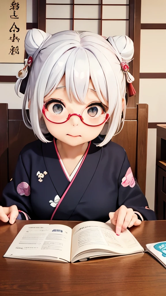 Cute old woman、60-year-old woman、One Woman、kimono、Kappo、White Hair、Japanese anime、comical、4 heads、Bun Hair、Round face、Round Glasses、Sit at a desk、front、fortune teller、Astrology、