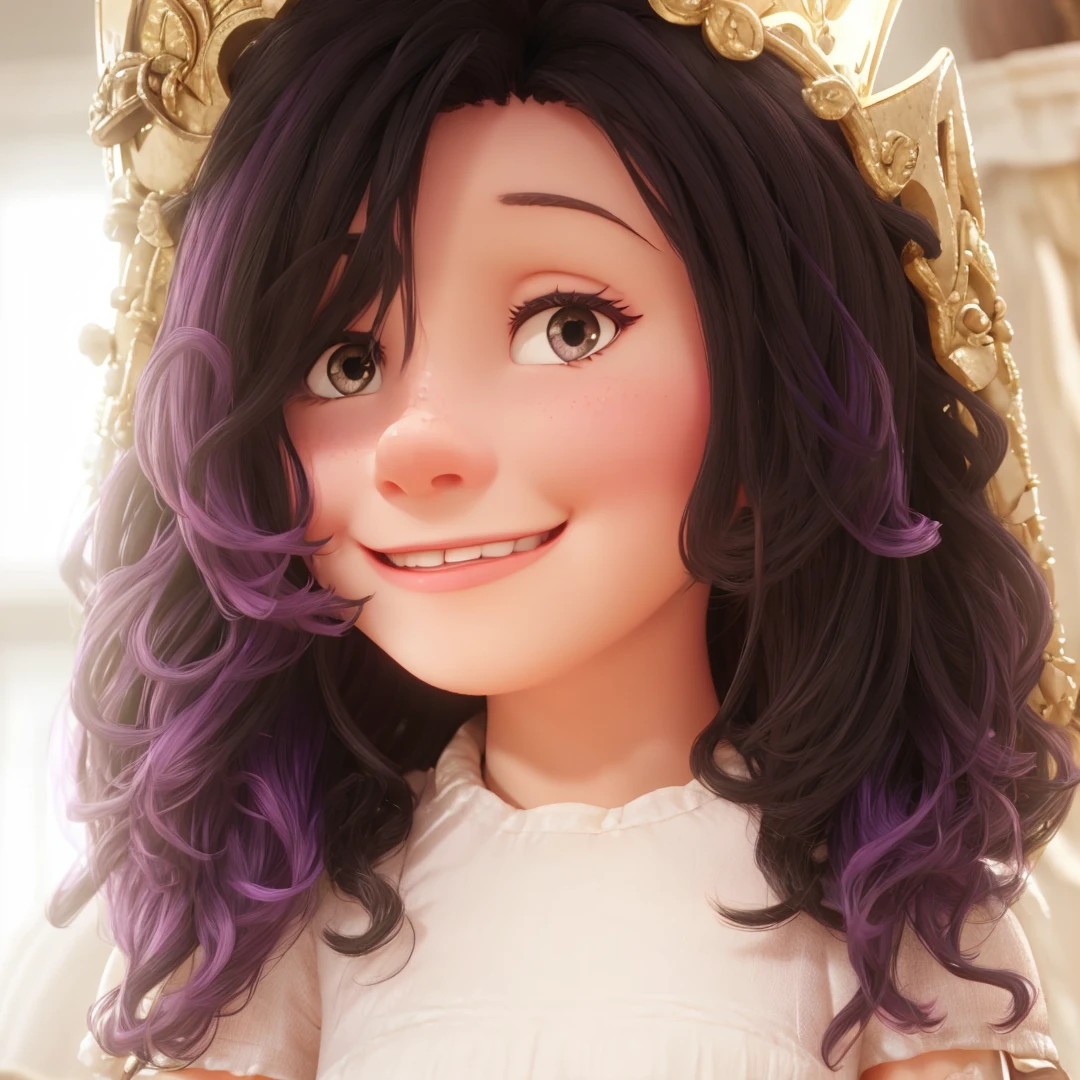 wearing a crown smiling at the camera, her background is purple and pink and with the name kingdom of finds