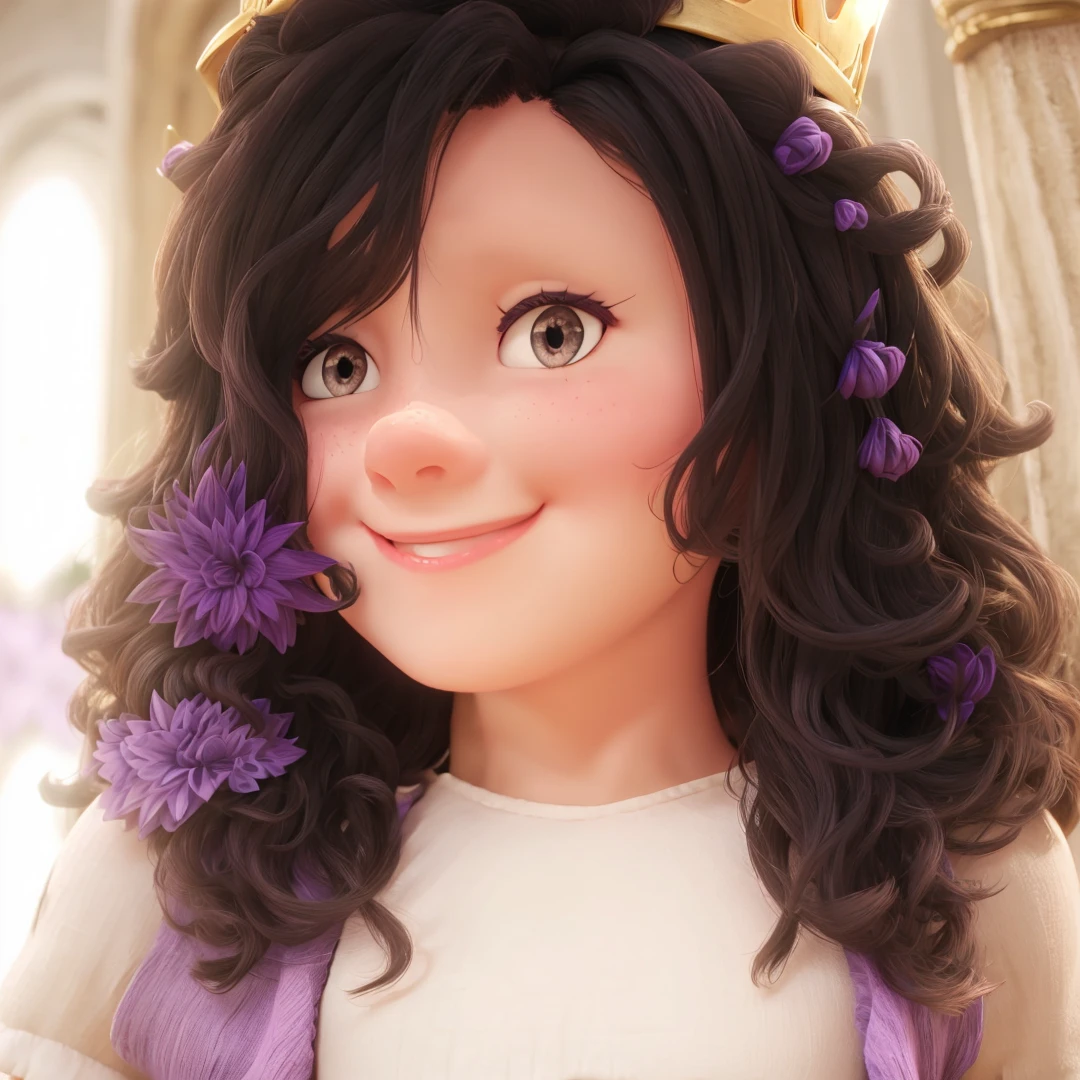 wearing a crown smiling at the camera, her background is purple and pink and with the name kingdom of finds