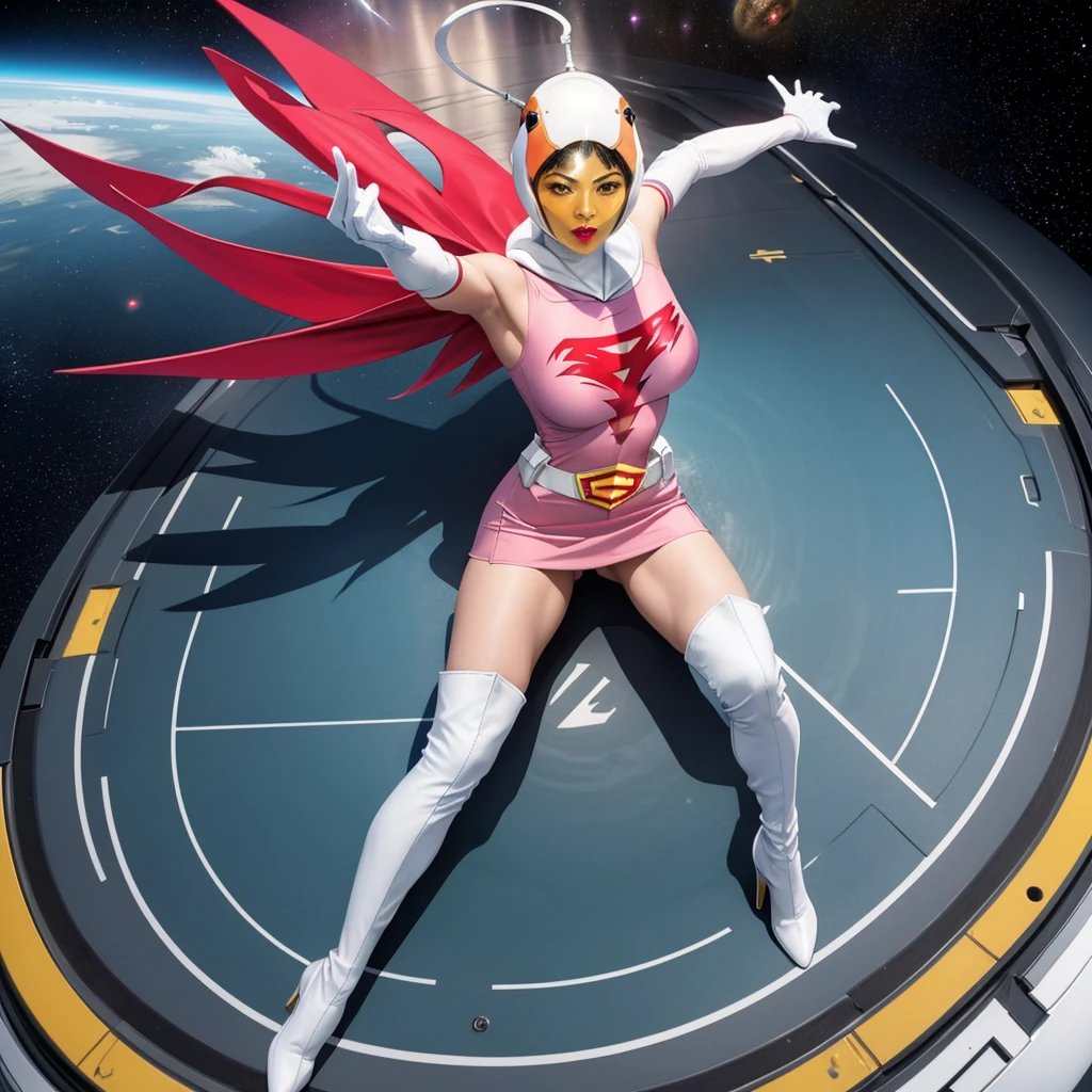 ANI_CLASSIC_jun_gatchaman_ownwaifu,1girl, 16 years old,good anatomy, masterpiece, best quality, realistic, hyper realistic, 16k hdr,large breasts, lipstick, makeup, gloves, cape, helmet, belt, elbow gloves, white gloves, mask, ultra miniskirt, leotard, spacesuit, white tight overknee highheel boots, pink dress, superhero, bodysuit, cleavage, erected nipples,(sexy pose,view from above),(spread legs:1.1),cameltoe