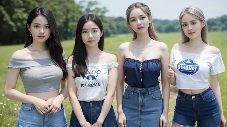 (3 girls), Indonesian , 12 years,white skin, Round breast, blue eyes, meadow, ((Strapless t-shirt, jeans skirt)) silver hair, 8K, The details are very realistic....., The best of photography ((round chest)