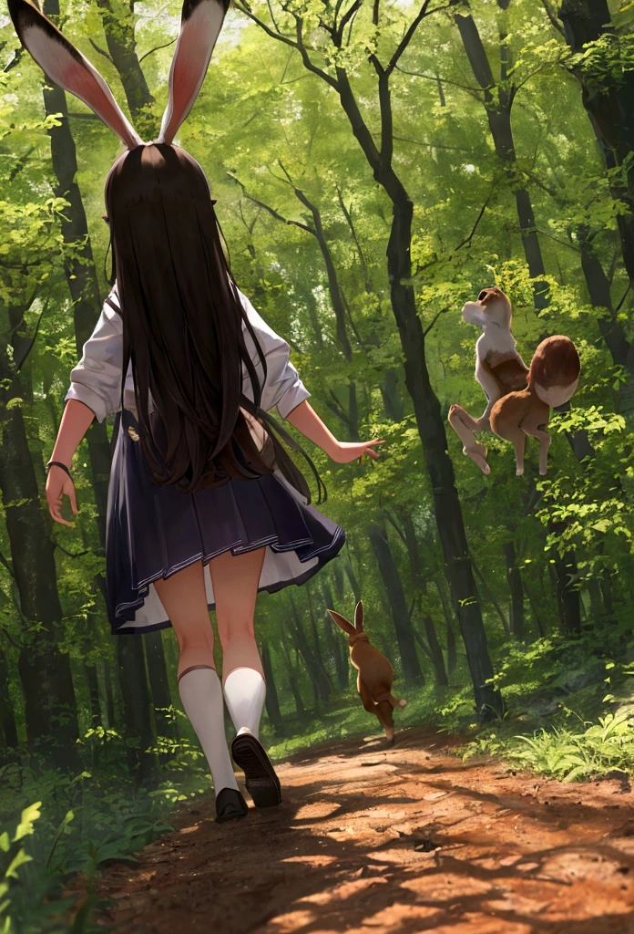A 15-year-old girl chases a hare in the forest，The hare runs ahead of the girl