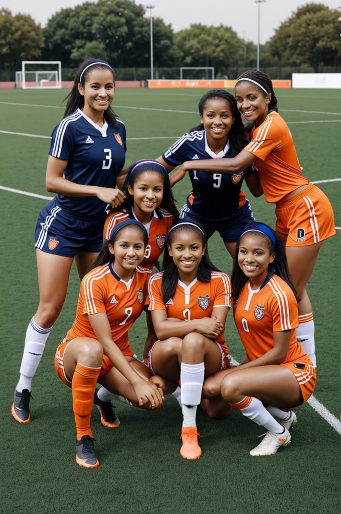 Three women,group photo,squat,legs open,Torn uniform,soccer field background,Orange