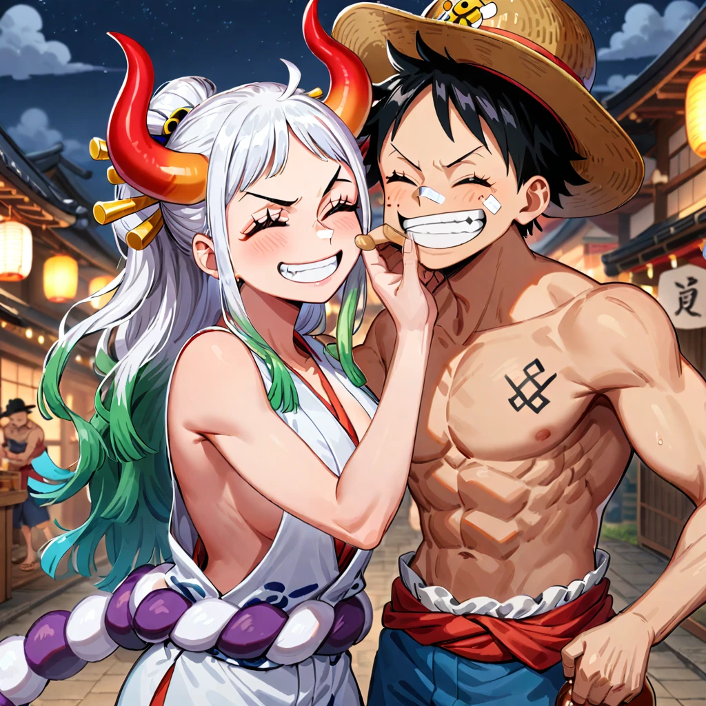 1girl, yamato (one piece), horns, 1boy, smile, red horns, hat, japanese clothes, bandaid, kimono, bandaid on face, long hair, closed eyes, multicolored hair, curled horns, multicolored horns, oni, bandaid on nose, hair ornament, topless male, green hair, black hair, grin, white hair, hair stick, monkey d. luffy, shimenawa, tattoo, ^ ^, pectorals, rope, holding bottle, arm tattoo, bottle, holding, open mouth, very long hair, short hair, cowboy hat, night, cheek pinching, sleeveless kimono, abs, outdoors, pinching, bandaid on cheek, two tone hair, long sleeves, ((medium quality)), ((medium quality))