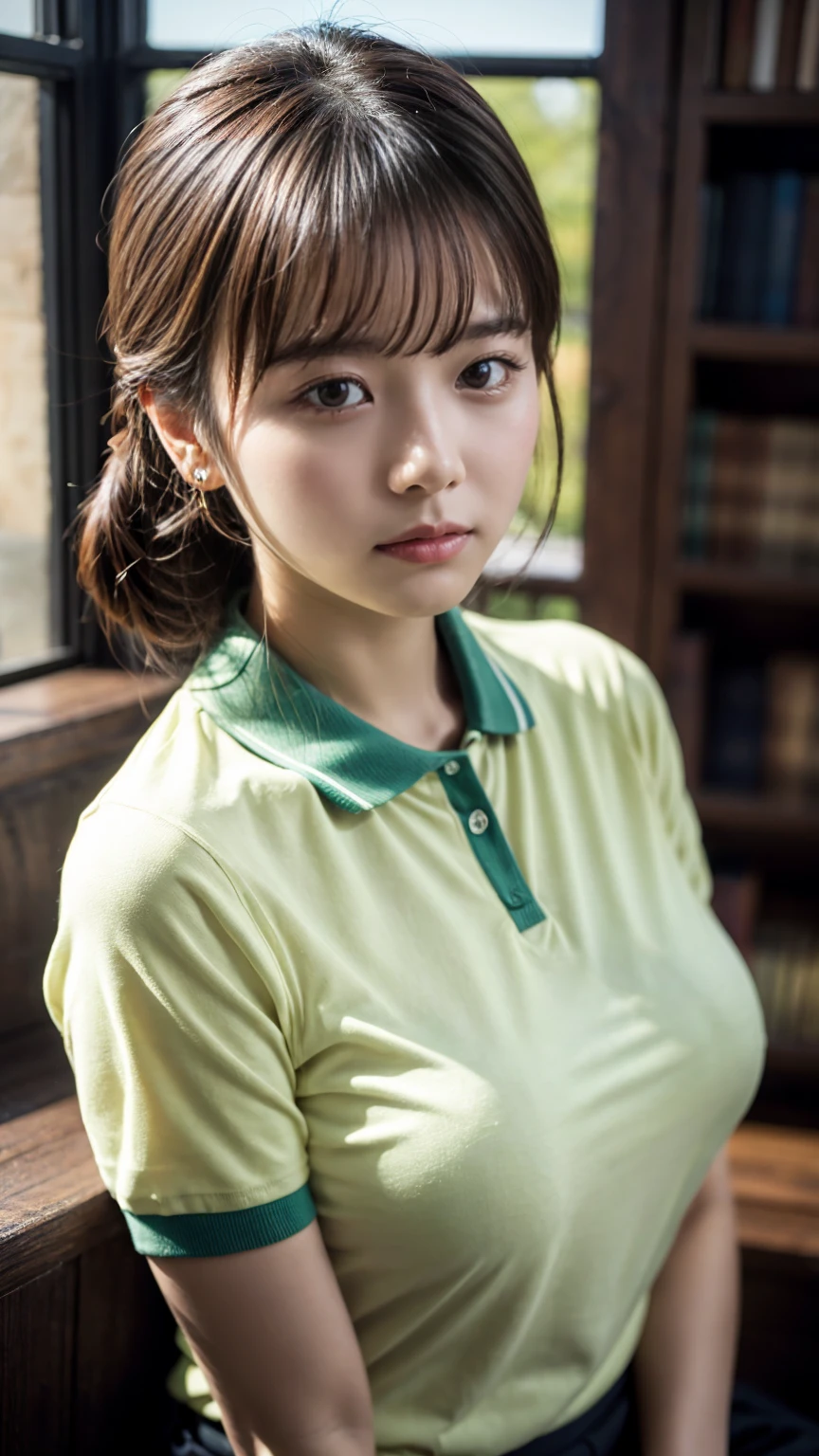 ((masterpiece))、((Highest quality))、photograph、reality、high resolution、Advanced Depth of Field、Get used to it、Realistic lighting、secretary、20-year-old、Delicate features、Updo、Realistic background and accessories、Big and ample breasts、Sexy lips、A quiet and dark library、A tight polo shirt that expresses the roundness and softness of the chest area...、close、West Shot、Troubled face、evening、Attractive appearance、Crying a little、Cold Stare,