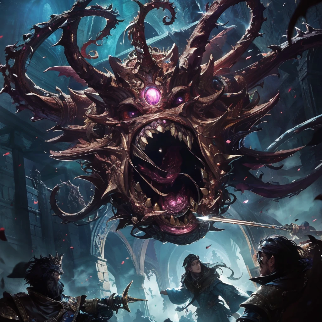 (best quality, masterpiece:1.2), illustration by Peter Mohrbacher and Gerald Brom, a party confronting a Beholder in DND style, detailed characters, realistic battlescene, epic storyline, intricate armor designs, magical spells and effects, intense facial expressions, dynamic poses, atmospheric lighting, monstrous creature, dark and mysterious atmosphere, vibrant colors, high contrast, cinematic composition, incredible attention to detail, mythical fantasy setting, epic confrontation, immersive world-building, stunning visual impact.