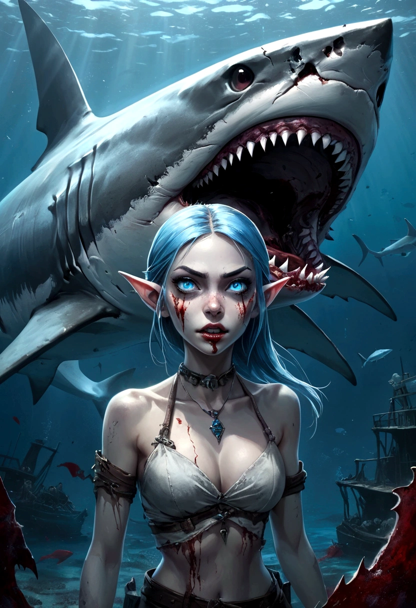 A fantasy underwater scene with a shark elf girl, beautiful detailed blue eyes, sharp fangs, a shark fin feature on her back, looking back with a fierce expression, blood on the corners of her mouth, a gritty, dark style, an old, dilapidated shipwreck in the background, a zombie-like feel, an unconventional and alternative character, holding a human skull in her hand