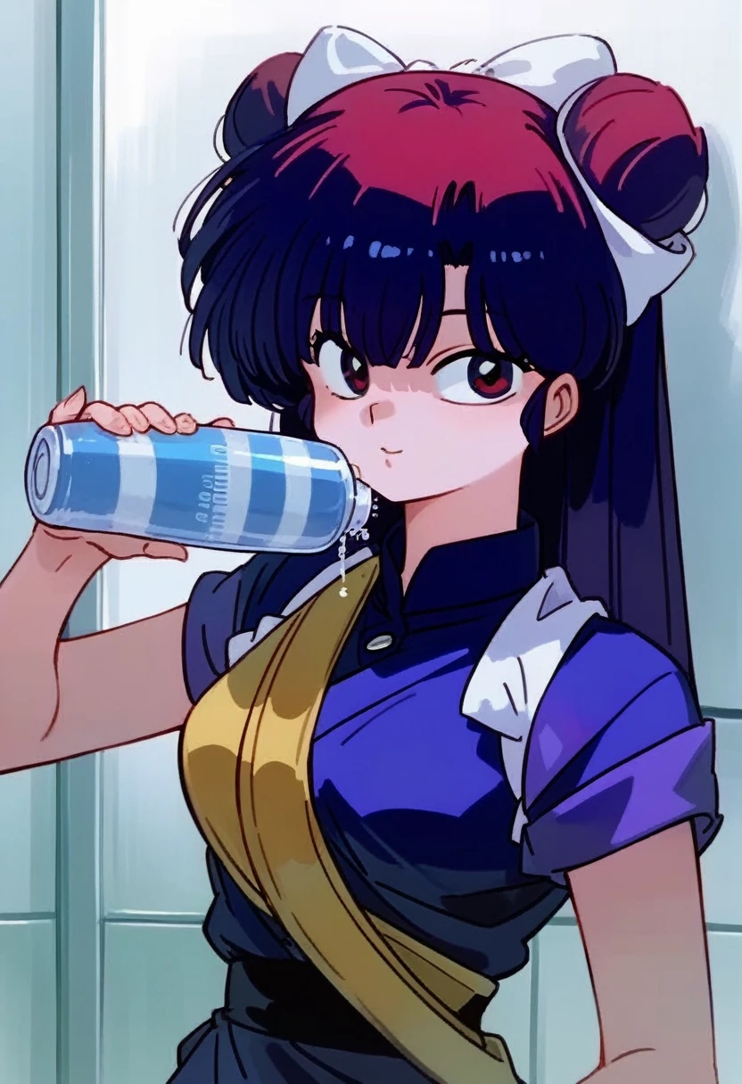 Shampoo ranma (Best Quality)), ((Masterpiece)), Perfectly defined skin, (detailed), 1 girl, 4k, Perfectly defined 3D, full HD Masterpiece NSFW Shampoo, Shampoo Una sola chica, Purple-blue hair, Double hair buns, Long loose hair to the waist, With full fringe, two front pigtails with bells at the ends, big red eyes, Ranma 1 anime style face/2, Best Quality, detailed skin Anime character shampoo, Best Quality, medium breasts, increíblemente detailed, hermoso rostro detailed, Hermosos ojos detaileds, Art by Rumiko Takahashi, ojos detaileds, high resolution, (anime de los 90 Style,anime cell shading:1.17),((Alone:1.52)), 1990s \(Style\),retro artStyle,