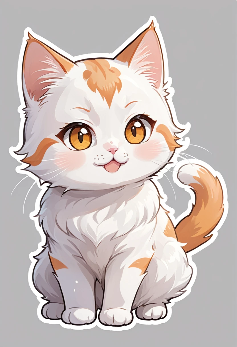In the style of TOK, highest quality, sticker, cute cat, cartoon cat, Munchkin cat, chibi, white and orange cat, looking at the viewer, smiling, simple background