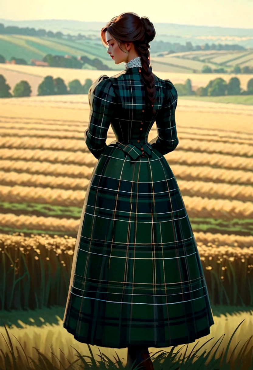 In the fields,a lady standing, Italian Fashion, Tartan Clothing, Animation, Victorian Photographs