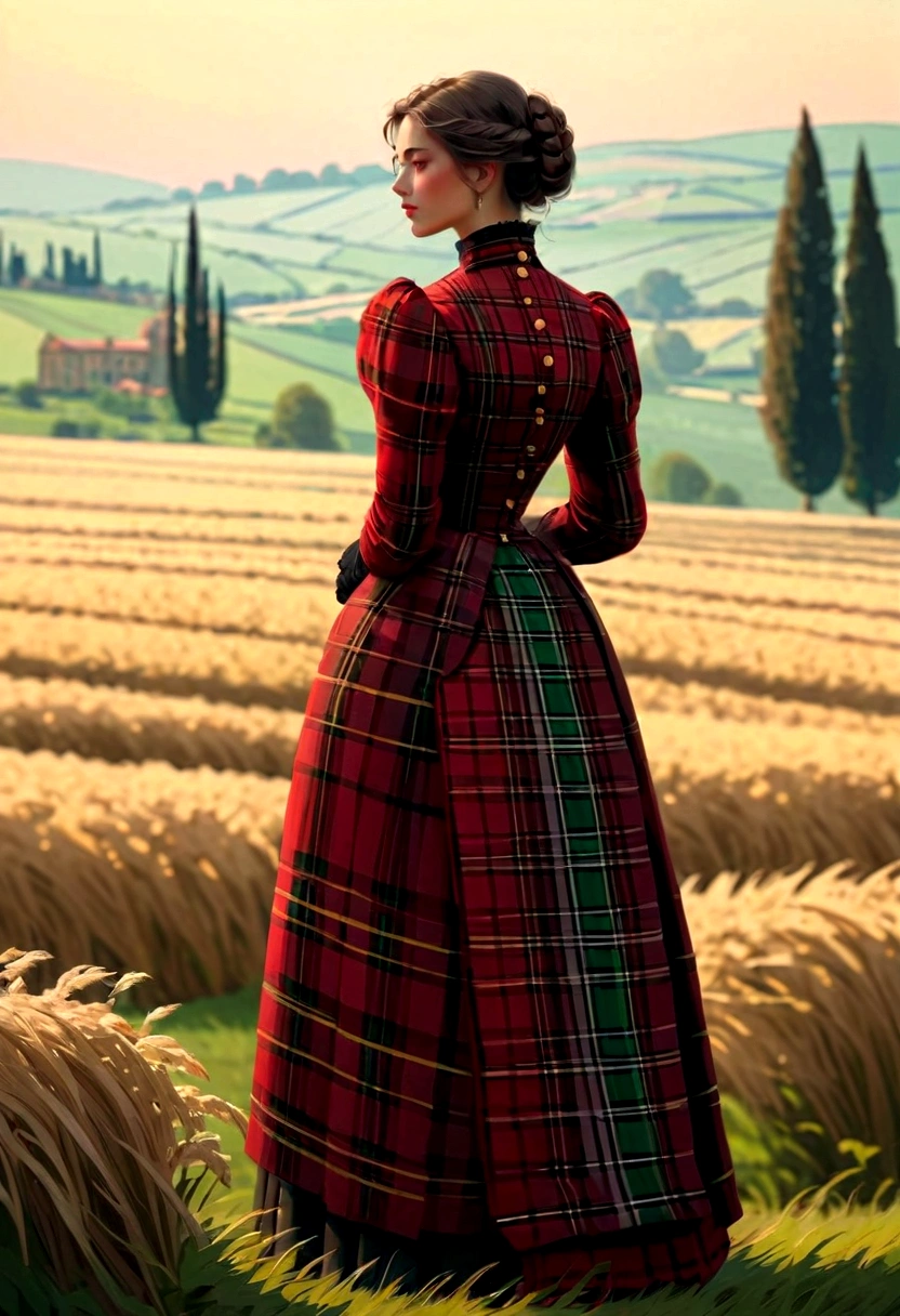 In the fields，a lady standing, Italian Fashion, Tartan Clothing, Animation, Victorian Photographs