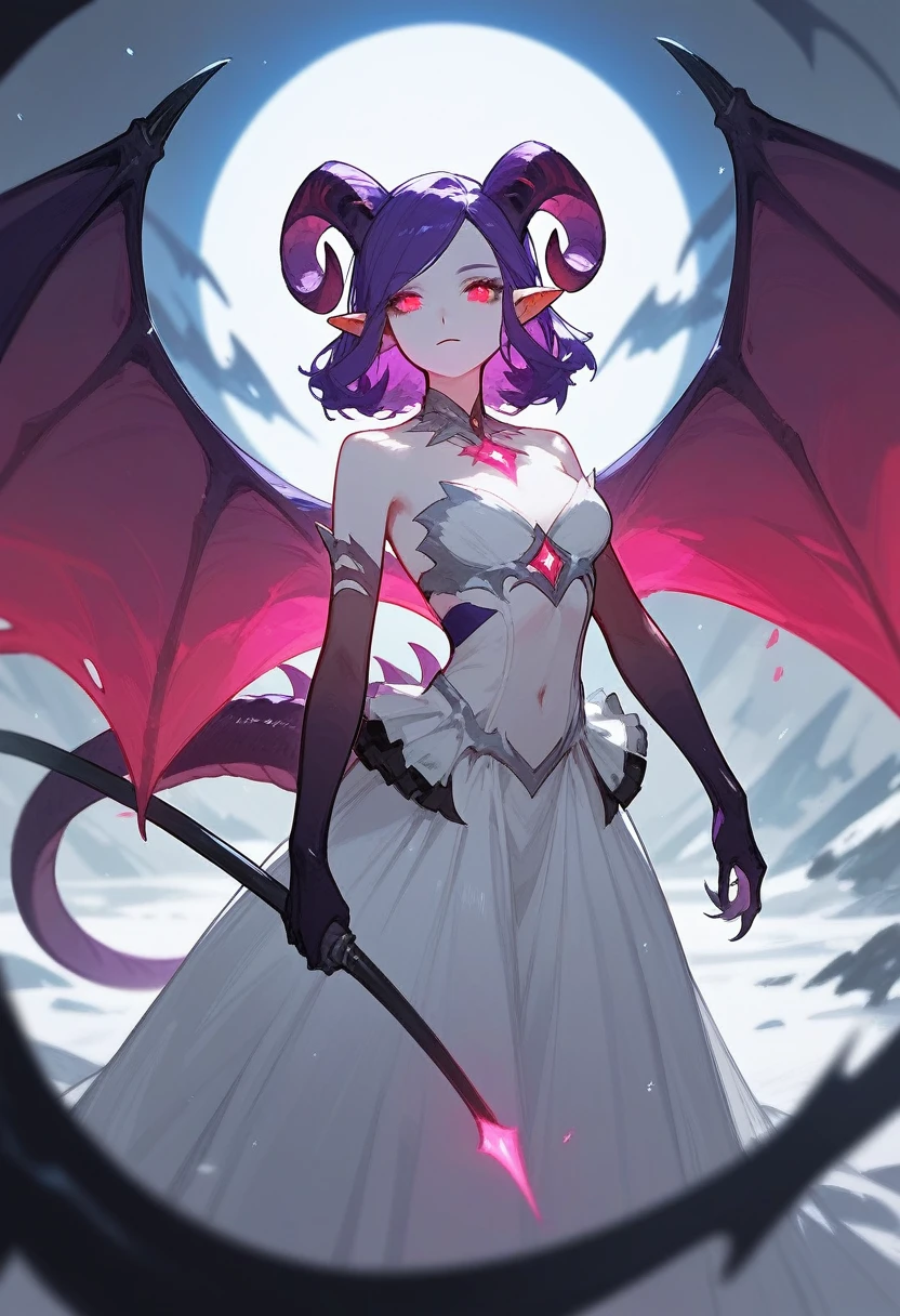 Long monster girl, Straight purple hair, glowing red eyes, And snowy white skin. She has pointed ears, Curved horns, Bat-like wings, And a furry tail. She is dressed simple, Delicate white dress, Which contrasts with her strange features. She is the princess of the monster kingdom, But she&#39;s also kind and sympathetic. She has a scar on her right arm, It is a sign of her tragedy, 