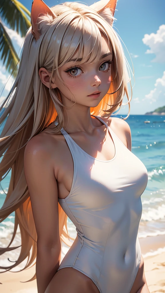 (high resolution, upper body, soft skin:1.2),(best illustration,masterpiece:1.2),ultra-detailed,[(cat ears , white inside:1.2, brown cat eyes, white long hair),vivid colors,sharp focus,portrait, beach lighting,bokeh, wearing a orange sport swimsuit, beach background, arms behind head
