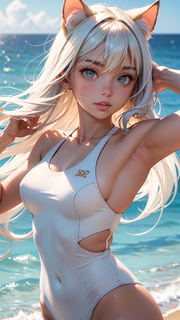 (high resolution, upper body, soft skin:1.2),(best illustration,masterpiece:1.2),ultra-detailed,[(cat ears , white inside:1.2, brown cat eyes, white long hair),vivid colors,sharp focus,portrait, beach lighting,bokeh, wearing a orange sport swimsuit, beach background, arms behind head