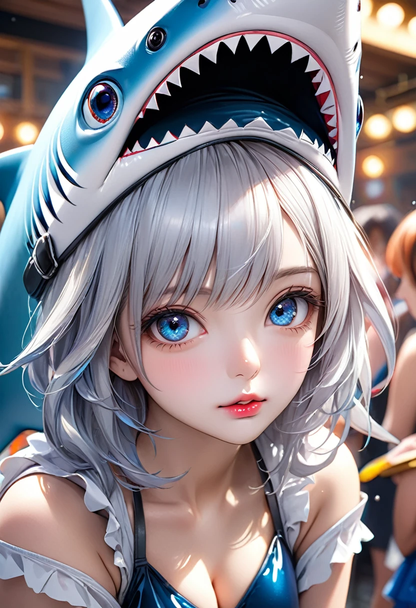 girls in a shark costume, cute anime girls, adorable, beautiful detailed eyes, beautiful detailed lips, extremely detailed eyes and face, long eyelashes, shark costume, cosplay, costume party, (best quality,4k,8k,highres,masterpiece:1.2),ultra-detailed,(realistic,photorealistic,photo-realistic:1.37),vibrant colors,cinematic lighting,detailed background,school festival,colorful