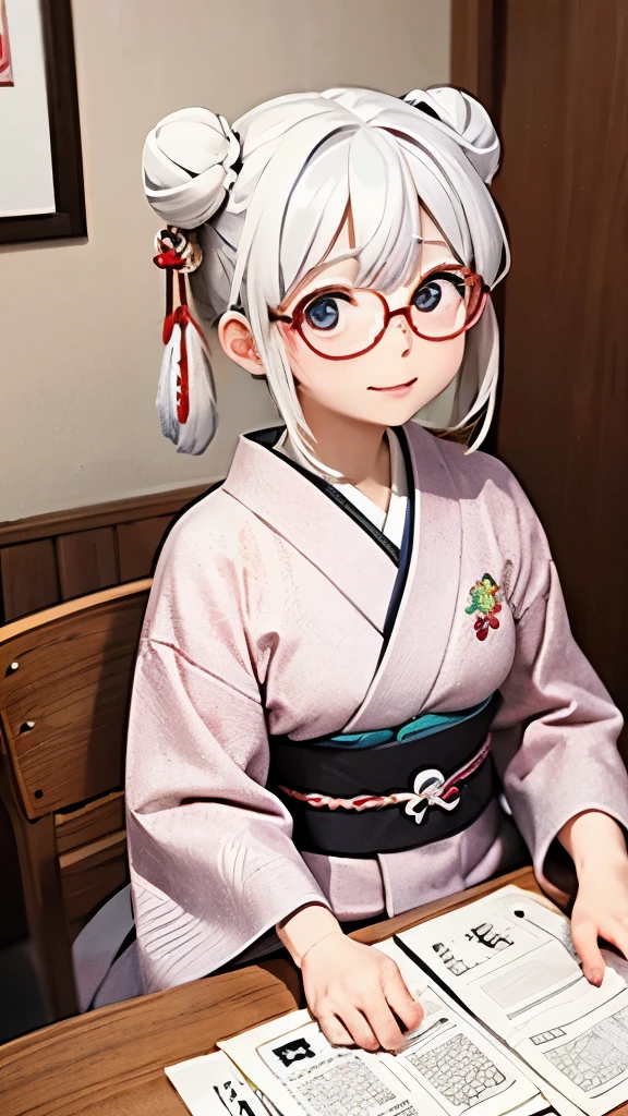 Cute old woman、60-year-old woman、One Woman、kimono、Kappo、White Hair、Japanese anime、comical、4 heads、Bun Hair、Round face、Round Glasses、Sit at a desk、front、fortune teller、Astrology、