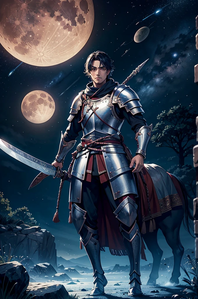 a sword, Posoh, warrior, knight, Horseman, a swordник, planets, moon, tree, cold lighting, high quality, Ichthyosis
