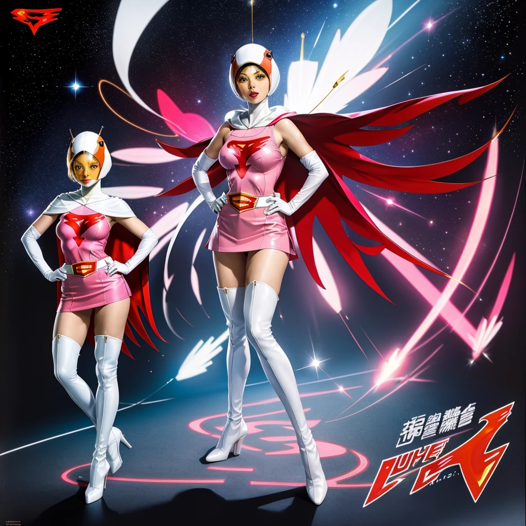 ANI_CLASSIC_jun_gatchaman_ownwaifu,1girl, 16 years old,good anatomy, masterpiece, best quality, realistic, hyper realistic, 16k hdr,large breasts, lipstick, makeup, gloves, cape, helmet, belt, elbow gloves, white gloves, mask, ultra miniskirt, leotard, spacesuit, white tight overknee highheel boots, pink dress, superhero, bodysuit, cleavage, erected nipples(stand pose,hands on hip),(spread legs:1.1),cameltoe