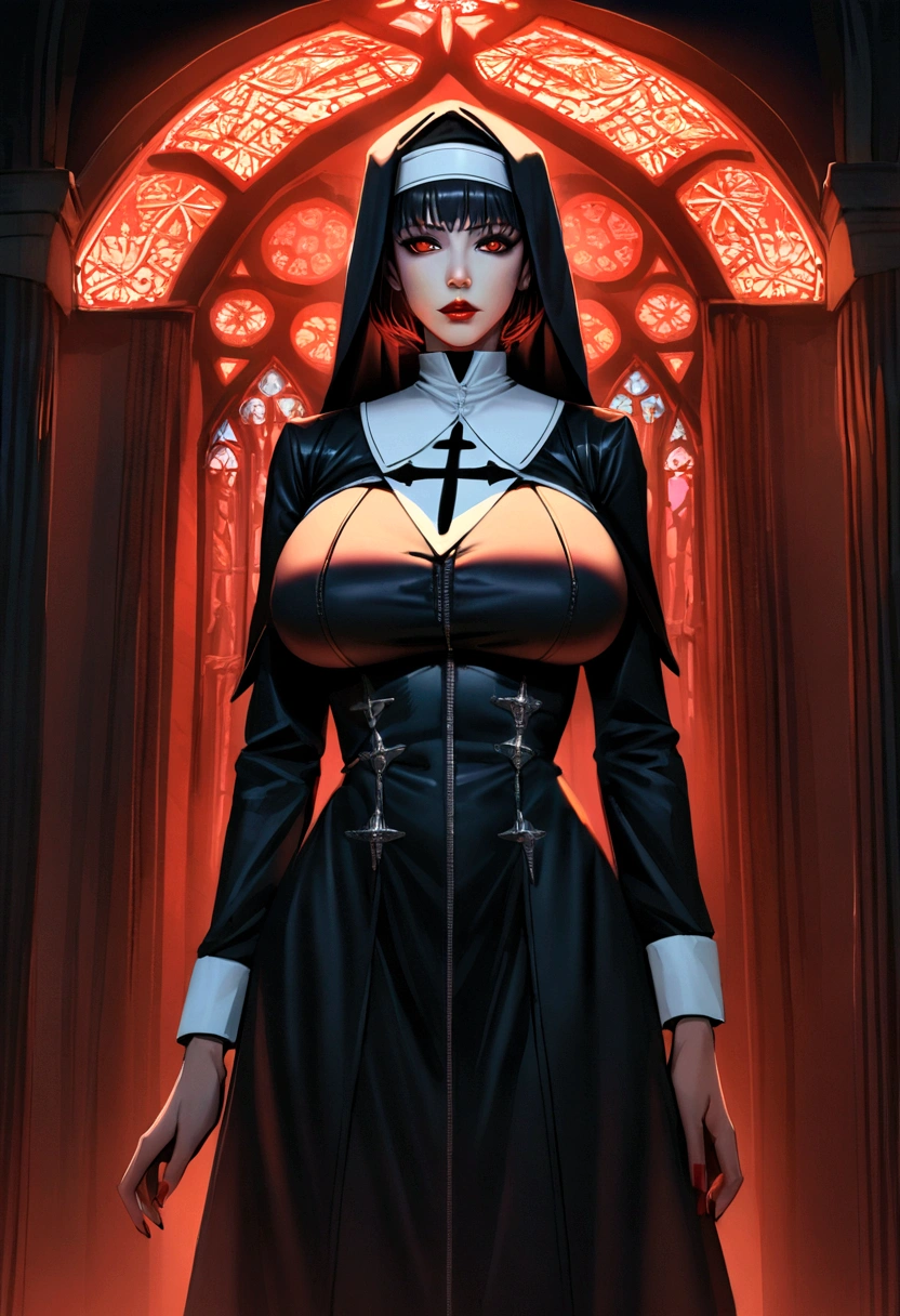 cru, analog) (huge breast gothic nun), set in the 1990s, surreal makeup, leather clothes inside a gothic church at night, neon lights, very dark, horor, red tones, haos, grim, High details, ultra realistic, SonyA7III, cinematic lighting, film, grain, UHD faces, volumetric shadow, incredibily detailed,