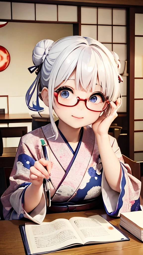 Cute old woman、60-year-old woman、One Woman、kimono、Kappo、White Hair、Japanese anime、comical、4 heads、Bun Hair、Round face、Round Glasses、Sit at a desk、front、fortune teller、Astrology、