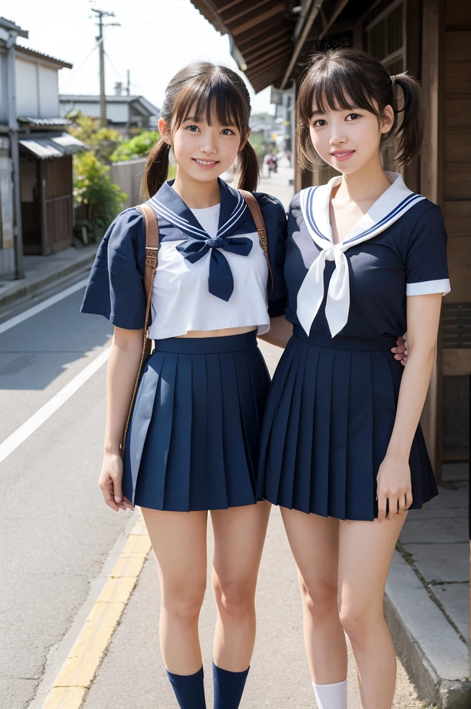 2 girls in old-Japanese town on school trips,white sailor shirt,navy blue pleated skirt,18-year-old,bangs,a little smile,thighs,knees,short hair with low pigtails bunches,from below,front light