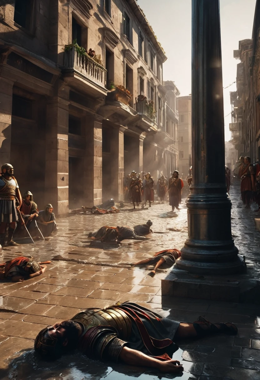 "Create an image of a Roman soldier standing, next to them a container with water, Jesus is fallen on the ground, stone street in a city in Ancient Rome, Jesus is surrounded by armed Roman soldiers, in the background in the street a cross fallen on the ground ground, sunlight illuminates parts of buildings. The scene should be intense and emotional. Use a dark and dramatic color palette to accentuate the atmosphere of the moment." cinematic, 8k, high quality.