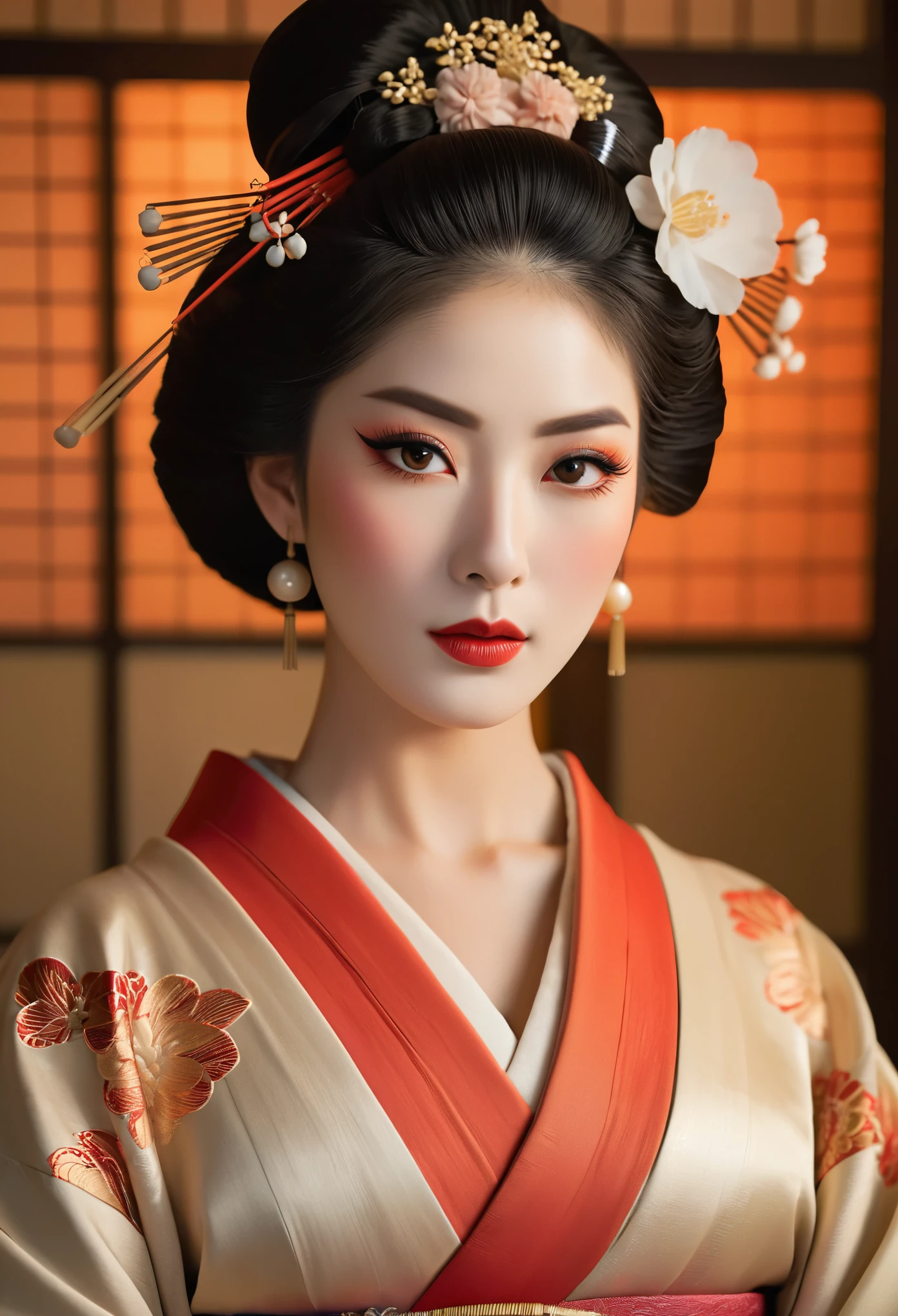 A highly detailed full-body portrait of a geisha, intricate hyper-detailed octane rendering, symmetric pose, beautiful detailed eyes, beautiful detailed lips, extremely detailed face and skin, long eyelashes, elegant kimono, traditional hairstyle, delicate facial features, serene expression, dramatic lighting, warm color palette, cinematic composition, masterpiece, photorealistic, (She is half French, and is a stunning beauty with detailed eyes and a high nose:1.6), thick eyebrows, detailed facial features, long graceful neck, 