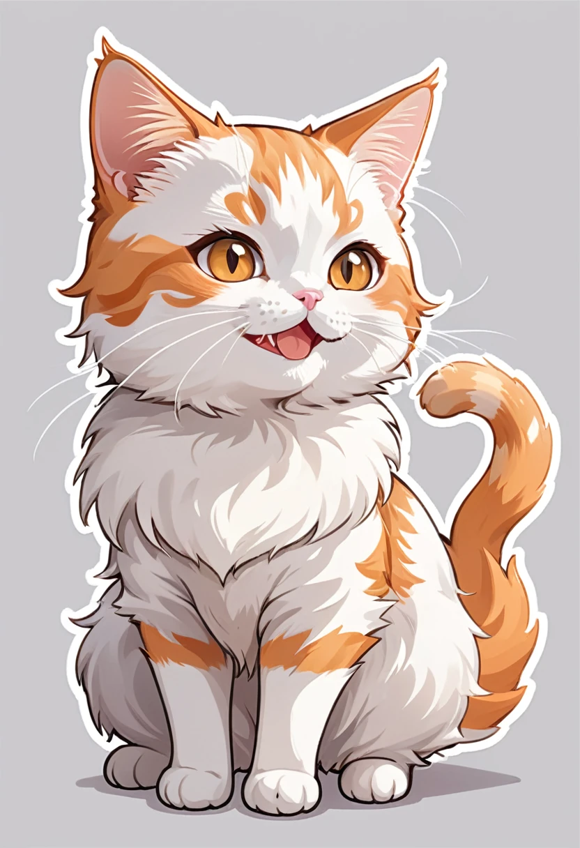 In the style of TOK, highest quality, sticker, cute cat, cartoon cat, Munchkin cat, chibi, white and orange cat, looking at the viewer, smiling, simple background