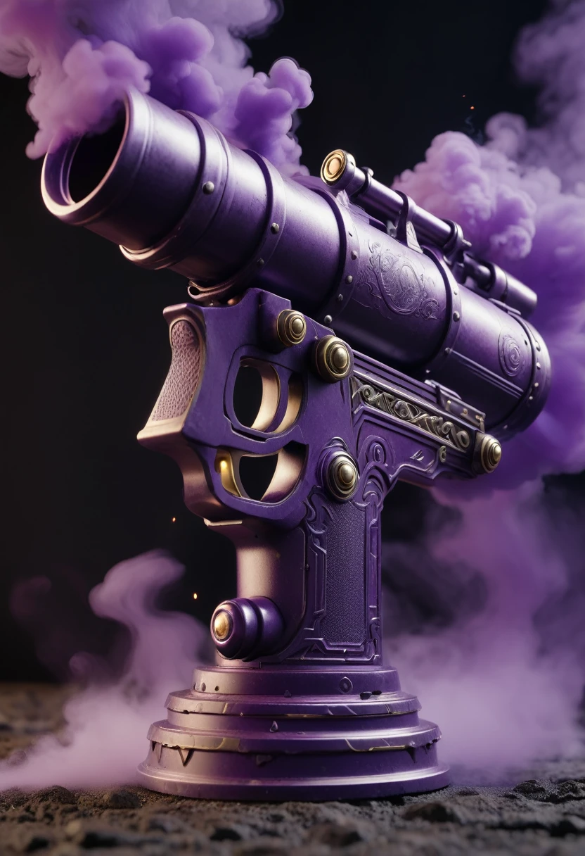 a extremely detailed dark purple handheld metal cannon with the barrel has smoke coming out of it