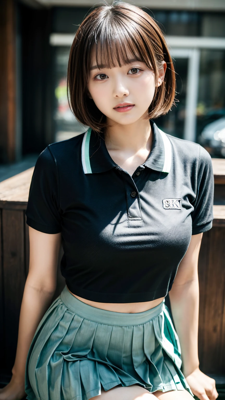 (8K, RAW Photos, Highest quality, masterpiece:1.2), (professional photography, full colors, studio-caliber color grading), (Gravure quality for high-end fashion magazines), close up, BREAK,18 year old girl, (short bob hair:1.1), crying a little, Harajuku style, Big Natural Color Lip, (Plumpy body:1.2), (smooth skin:1.1), (huge breasts:1.3 (expresses the roundness and softness of the chest area..:1.1 BREAK (Polo shirt with collar), pleated skirt