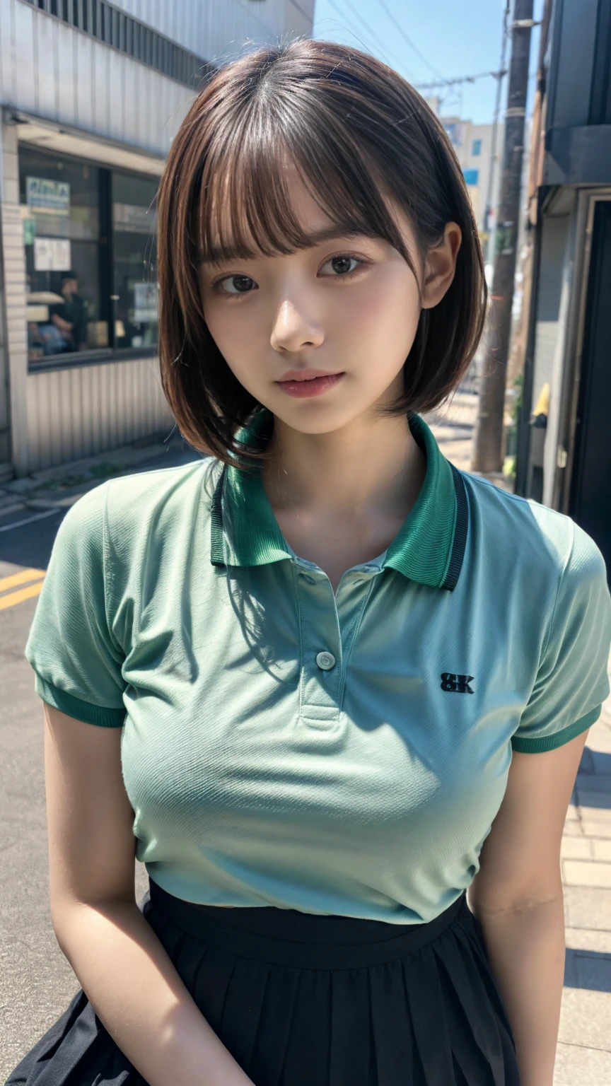 (8K, RAW Photos, Highest quality, masterpiece:1.2), (professional photography, full colors, studio-caliber color grading), (Gravure quality for high-end fashion magazines), close up, BREAK,18 year old girl, (short bob hair:1.1), crying a little, Harajuku style, Big Natural Color Lip, (Plumpy body:1.2), (smooth skin:1.1), (huge breasts:1.3 (expresses the roundness and softness of the chest area..:1.1 BREAK (Polo shirt with collar), pleated skirt