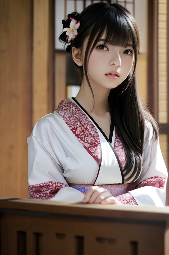 Highest quality, masterpiece, Ultra-high resolution,Very detailed、8Kのmasterpiece、Beauty、Super Beauty、The beauty of raw photography、 (Realistic: 1.4), RAW Photos, 30-year-old woman、Black Hair、slender、Narrow waist、、Height: 155cm、Large Breasts、非常にLarge Breasts、Burstingly Big Breasts、Wearing a white kimono、Colorful kimonos、Chest、valley、Black garter belt、Black Thong、whole body、Embarrassed look、Inside the house